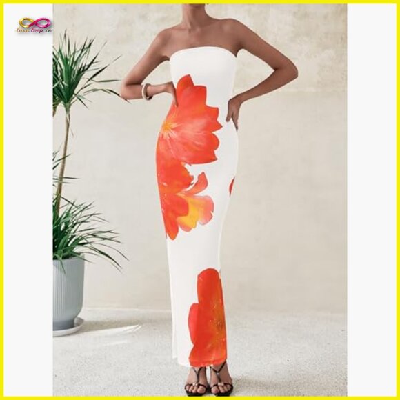 Strapless Maxi Dress Bodycon Formal Elegant Mesh Floral Wedding Guest - Picture 3 of 7